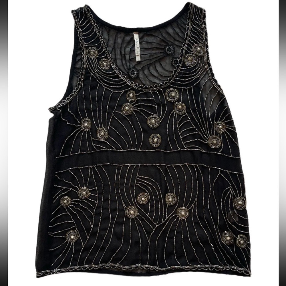 Willow & Clay Tank Top Shirt Pullover Black Beaded Sleeveless Silver Womens Sz S